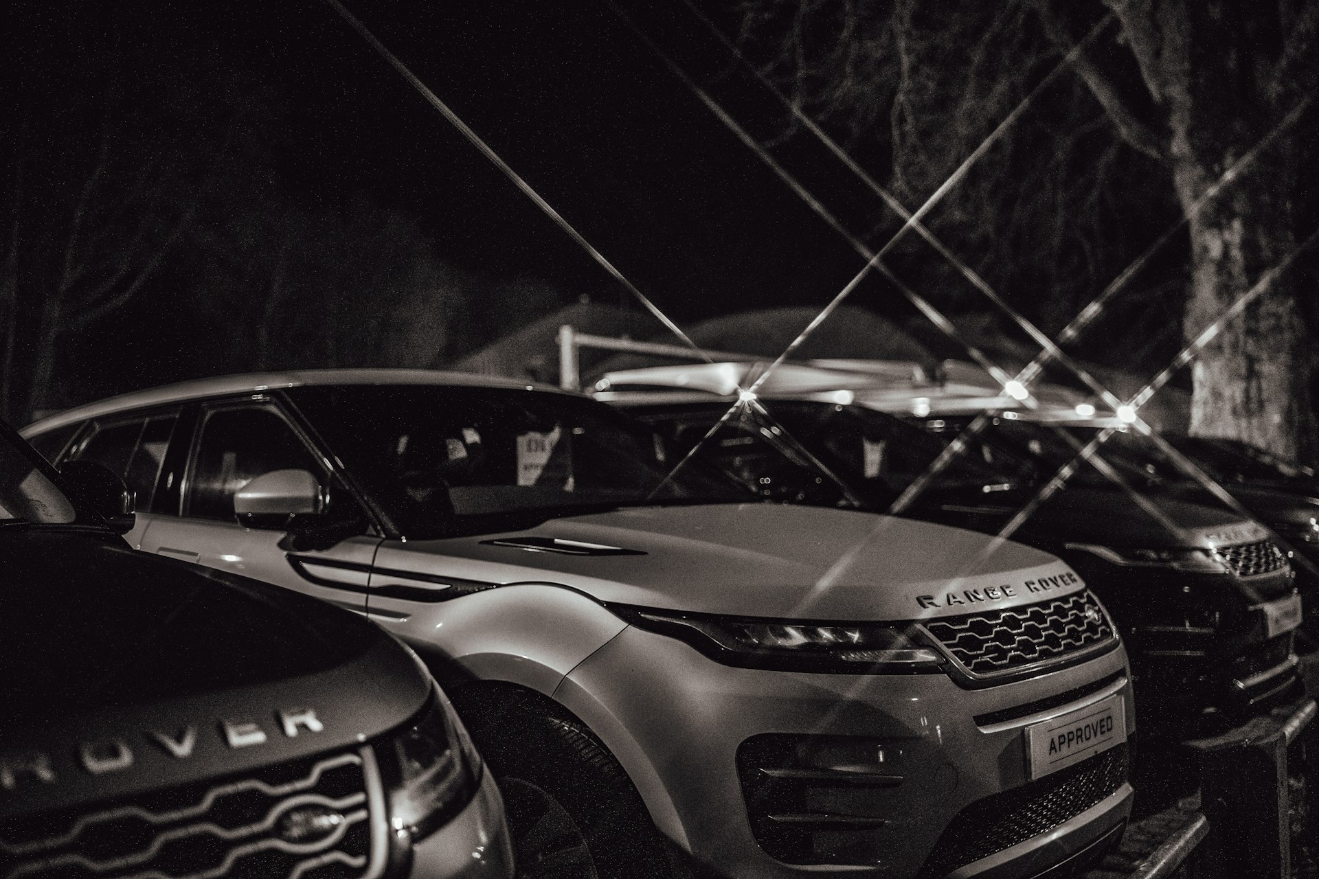 Vehicles lined up at a dealership at night.